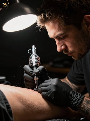 Tattoo artist at work in a dark studio, single warm spotlight illuminating the needle and skin, ink droplets, cinematic atmosphere.