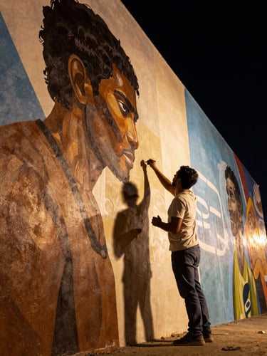 Primer plano dramático de un artista pintando un mural gigante por la noche, iluminación de tungsteno contrastada, pintura fresca brillando bajo focos intensos, perspectiva angular hacia arriba.