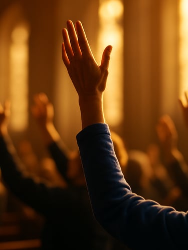 Warm editorial photography of hands raised in passionate, unposed worship, golden-hour light streaming through windows, shallow depth of field