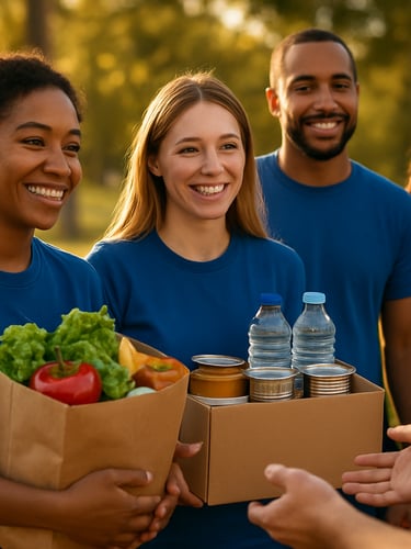 A diverse group of volunteers handing out food and supplies in a sunny outdoor park, warm smiles, natural light