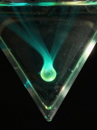 Extreme close-up of refracting light passing through a glass prism, neon cyan and electric green gel lighting, high-contrast studio setting, sharp focus