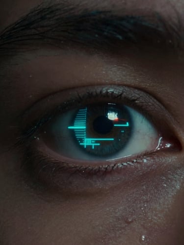 Extreme close-up of a human eye reflecting a glowing cyan holographic interface, dark cinematic film photography, moody desaturated tones, anamorphic lens flare