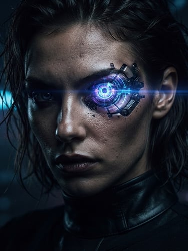 A close-up of a high-fashion model with holographic cybernetic eye implants, dramatic chiaroscuro lighting, deep shadows, electric blue and violet ambient glow, anamorphic lens flare
