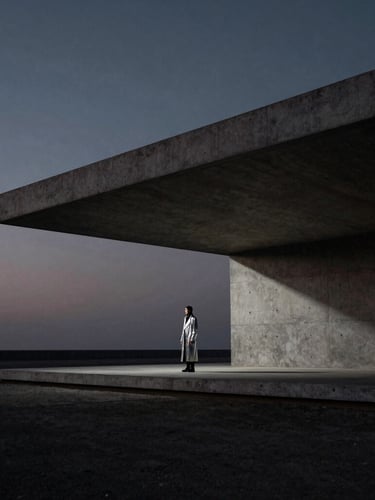 A wide anamorphic shot of a futuristic minimalist concrete pavilion in shadow, a single figure in a long silver coat standing at the edge, low horizon, moody twilight sky