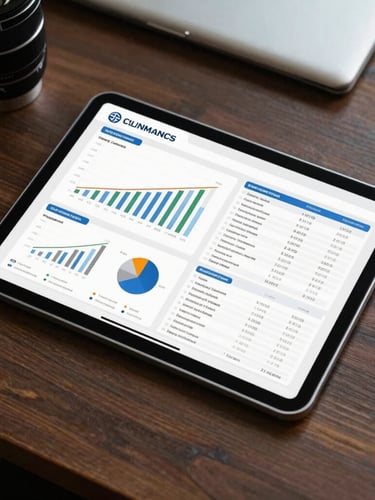 A top-down view of an organized executive desk, a tablet showing bright corporate financial charts and pharmacy operational data, clinical daylight, precise framing.