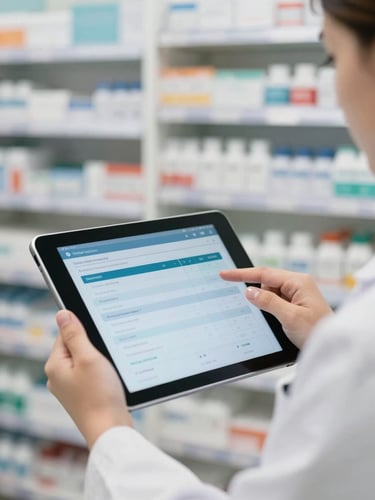 A professional close-up of a pharmacist interacting with a modern digital tablet showing sales metrics, clean organized pharmacy shelves in the background, clinical daylight