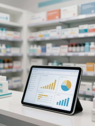 A bright, modern pharmacy interior with clean white shelves, a professional tablet in the foreground displaying a clean business analytics dashboard with gold and blue charts, natural daylight, sharp focus.