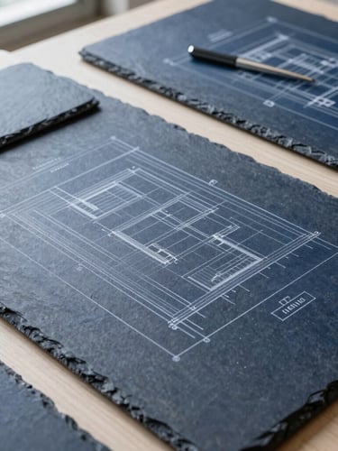 A clean architectural workspace with minimalist drafting tools, structured blueprints on slate tables, bright natural daylight, cool navy tones, sharp focus, 35mm