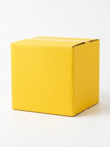 Bright high-key product photography of a yellow delivery box on a clean white background, crisp studio light, sharp focus.
