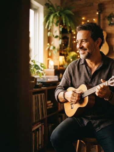Beto Passos, um homem brasileiro de meia-idade, sorrindo e tocando cavaquinho em um estúdio caseiro com luz dourada quente, foco nas mãos e no instrumento, com amplo espaço negativo à esquerda.