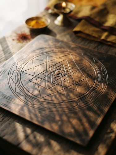 Macro close-up of a heavy-gauge copper Sri Yantra on a wooden altar, soft morning sunlight casting geometric shadows, warm editorial photography, 35mm
