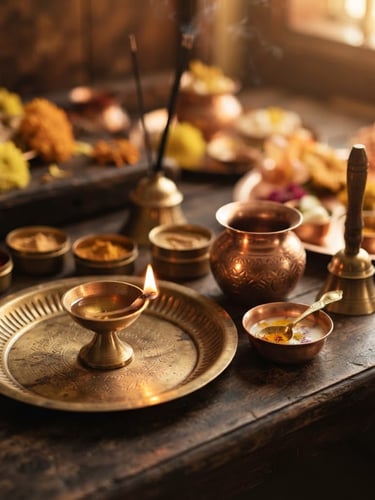 Warm sunlit morning light reflecting off sacred brass puja utensils and copper plates on a dark wooden altar table, macro depth of field, 35mm editorial photography.