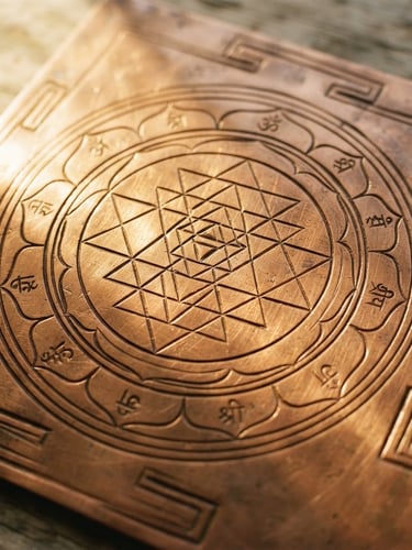 Macro close-up of a heavy-gauge copper Yantra, showing precise geometric hand-etchings, warm morning sunlight streaming across the metallic surface, 35mm photography