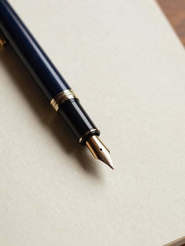 An elegant close-up of a classic fountain pen resting on premium thick cream paper, warm natural library light, soft shadows, 35mm lens editorial film photography