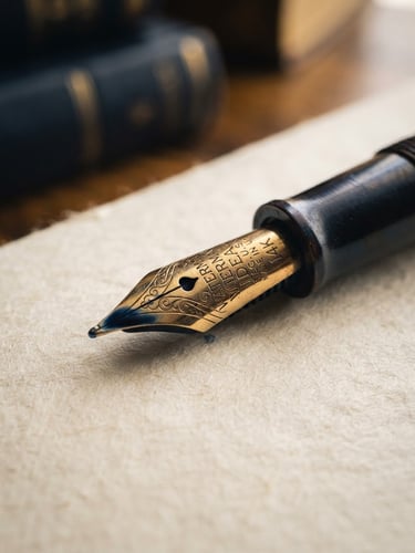 Extreme close-up of a classic fountain pen nib resting on textured cream paper, soft diffused library light, warm gold accents, high-contrast shadows.