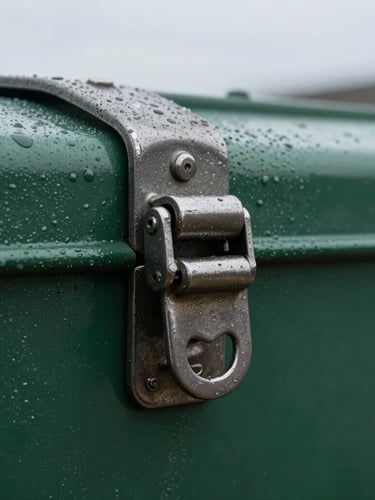 Close-up of a heavy-gauge steel tool chest latch with wet condensation under overcast morning light, sharp detail, 35mm