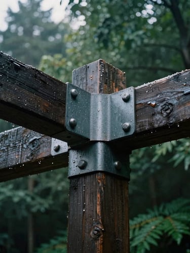 Low-angle hero shot of wet dark timber and heavy-gauge steel joints, water droplets gleaming under overcast morning light, deep forest green background, 35mm photography