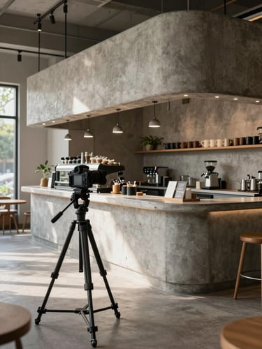 Wide architectural shot of a modern Scandinavian-style cafe in Bangalore, a tripod with a camera rig positioned in the foreground focusing on a concrete coffee bar, soft natural morning light.
