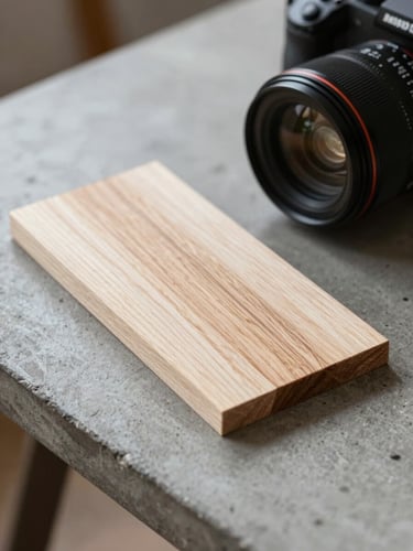 A portrait-oriented close-up of raw pine timber swatches resting on a concrete table next to a camera lens, soft diffused natural light, Scandinavian aesthetic.