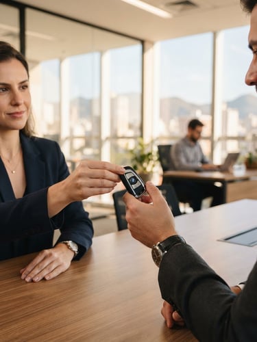 Bright professional photography of a modern car key being handed over in a clean, daylight-filled office in Belo Horizonte, warm corporate tones, sharp focus.