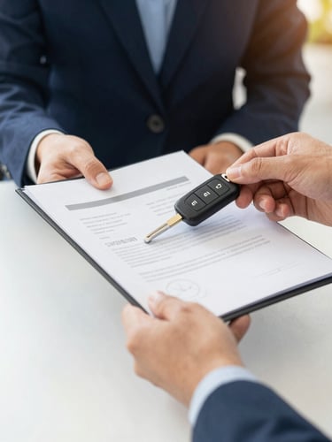 Close-up of professional hands handing over clean vehicle document folder and car keys, bright natural daylight, corporate desk setting
