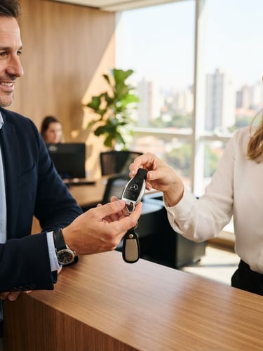 Bright professional photography of a modern car key being handed over to a client inside a clean, sunlit office in Belo Horizonte, warm gold accents, sharp focus.