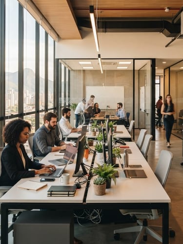 Bright professional photography of a modern, clean office interior in Belo Horizonte, warm daylight shining through large windows, organized desks, professional atmosphere