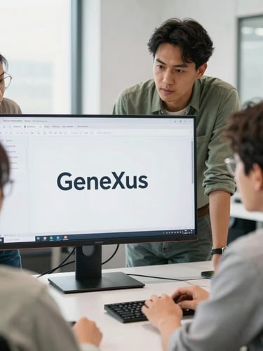 Medium close-up of a diverse team of developers collaborating around a screen, clean modern workspace, bright natural light, over-the-shoulder view of GeneXus interface.