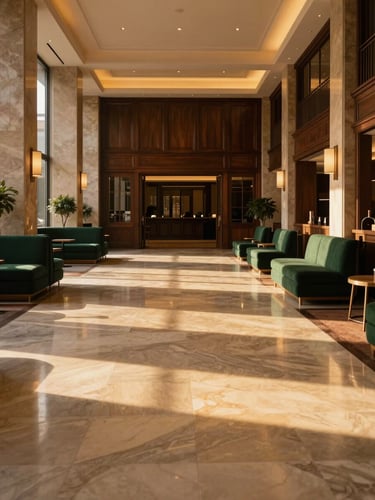 Wide panoramic view of a grand hotel lobby at golden hour, shot from a low angle toward the far wall — marble floor reflecting warm amber light, dark wood panelling and deep forest-green upholstered seating to the right third, the space entirely empty of people, architectural columns framing the composition, soft shadow pools in the foreground