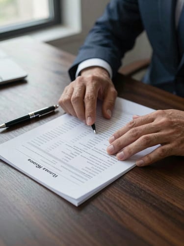 Close-up of an executive's hands spread over a printed revenue analysis document on a dark walnut desk, cool natural daylight from a left window, a pen resting beside columns of figures, no faces visible