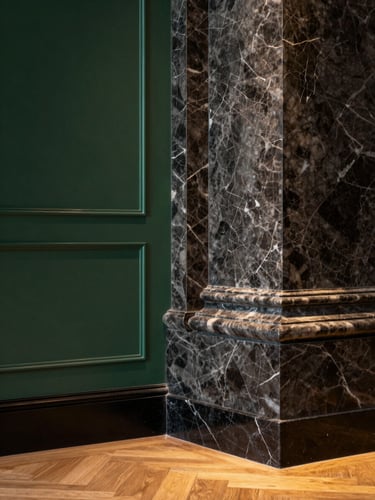 Close-up architectural detail of a luxury hotel lobby interior — polished dark marble column base meeting a herringbone oak floor, deep forest-green wall panel visible in the left third, warm tungsten spotlighting raking across the surface textures, no people, entire frame composed of material and light