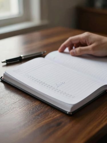 Close-up of a hand resting on an open operations ledger on a dark walnut desk, a single pen alongside columns of handwritten figures, cool natural window light from the left, shallow depth of field with the background dissolving into warm shadow