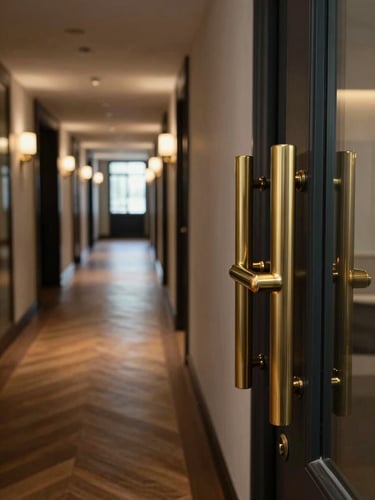 Close-up portrait-orientation shot inside an upscale hotel corridor, camera at mid-height looking along a receding hallway lined with warm-lit wall sconces, polished herringbone oak flooring stretching to a vanishing point, brass door hardware in sharp focus in the foreground right, cool natural daylight filtering from a window at the far end, no people present