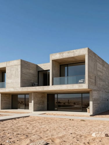 Architectural perspective of a brutalist monolithic concrete villa in the Baja desert, sharp angles, harsh midday sun, clear blue sky, negative space.