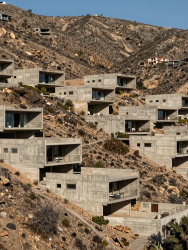 Wide dramatic architectural perspective of a completed brutalist concrete residence integrated into the dry Baja California hillside, sharp shadows.