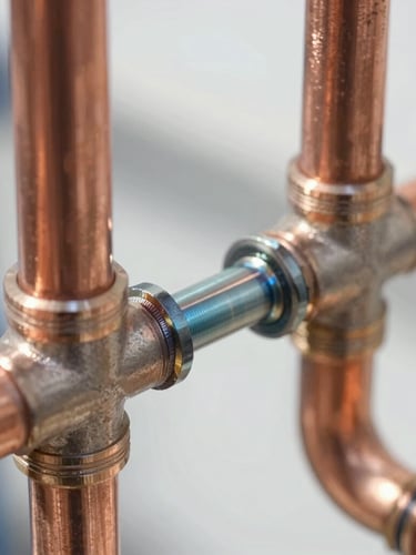 Close-up of clean modern copper piping joints neatly soldered, bright natural daylight, technical precision focus, crisp metallic tones