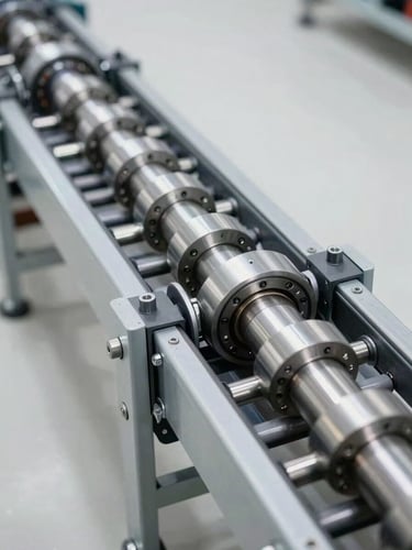 Tight overhead view of a conveyor system transition point, precision-machined drive rollers and belt tensioners visible, bright diffused daylight-balanced lighting, steel components sharp against a clean white industrial floor, no human figures
