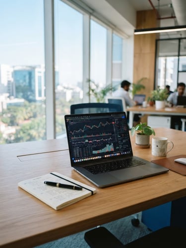 A bright modern office in Bengaluru with large windows, a clean wooden desk with a laptop displaying financial charts, a neatly arranged notebook, soft natural daylight, 35mm photography.