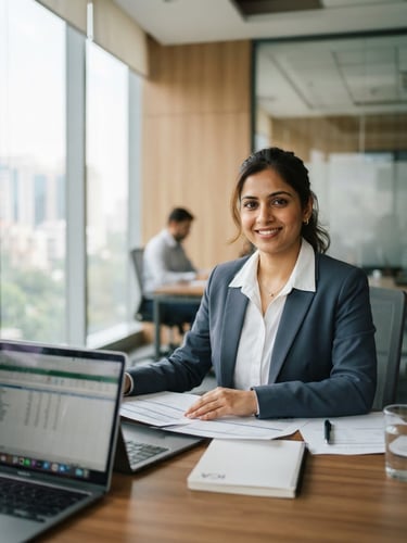 Bright editorial portrait of a professional female Chartered Accountant in a modern Gurugram office, natural daylight, clean slate blue tones, 35mm