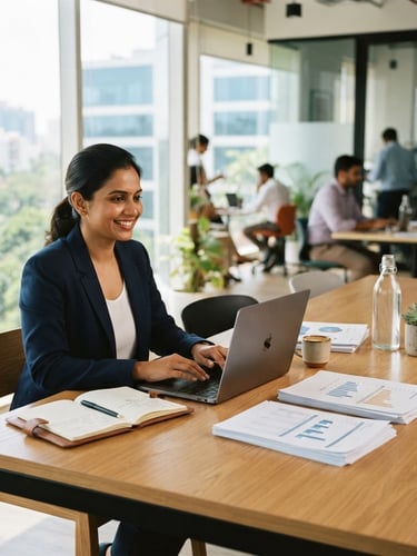 Bright editorial photography of a modern sunlit workspace in Bengaluru, neat documents on a wooden table, professional corporate setting, 35mm