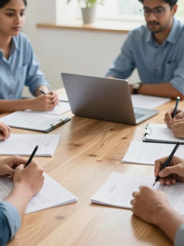 Bright editorial photograph of a collaborative strategy session around a wooden table in a Bengaluru office, neat documents, modern laptop, warm daylight, 35mm