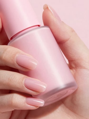 Extreme close-up of perfectly manicured hands holding a sleek gel bottle under soft pink studio lighting, glossy textures