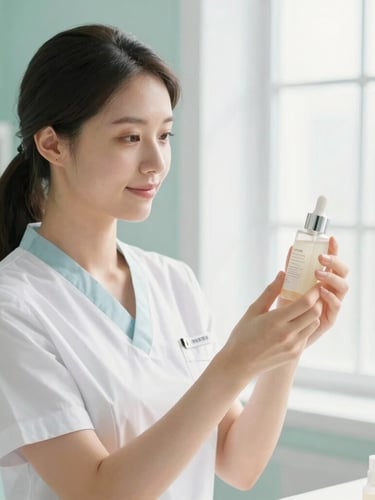 A serene, professional female practitioner in a bright, sunlit clinical environment, holding a delicate skincare bottle, soft natural window light, shallow depth of field.