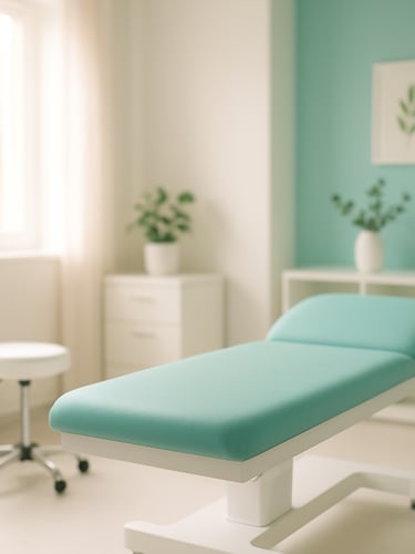 Bright editorial photography of a sunlit, pristine clinic interior with soft teal accents, warm window light, and minimalist botanical details, 35mm shallow depth of field.