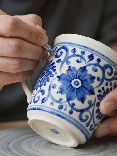 Close-up of hands carefully painting intricate cobalt blue patterns on a raw ceramic mug, warm daylight highlighting the chalky texture of the unfired glaze.