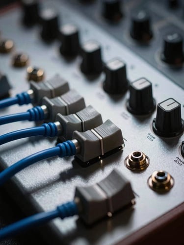 Extreme close-up of a modular synthesizer patch bay, cold blue patch cables routing between jacks, low-key high-contrast lighting, metallic texture