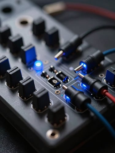 Extreme close-up macro shot of modular synthesizer patch cables and glowing blue LEDs, low-key high-contrast lighting, cold-cathode blue key light, shallow depth of field.