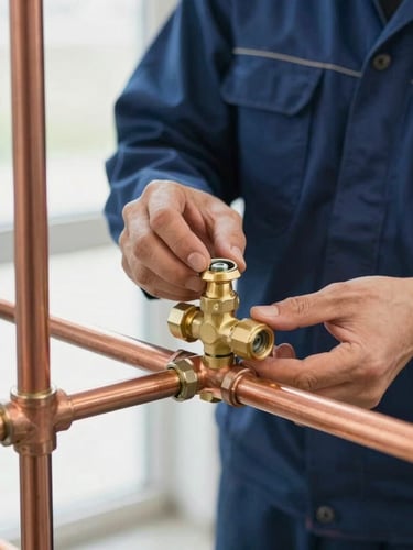 Close-up of clean copper piping and brass valves being precisely fitted by a technician wearing a clean navy uniform, bright natural daylight, crisp focus, 35mm