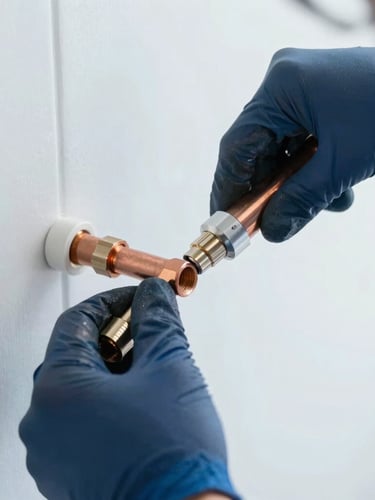 Close-up of a professional technician's hands in clean navy gloves installing a modern copper pipe joint using advanced tools, bright crisp daylight, cool blue and metallic tones, 35mm