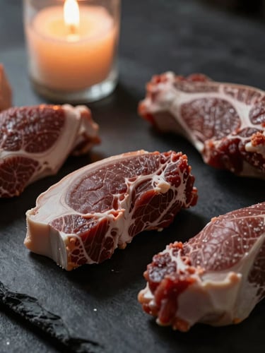 Close-up of fresh, raw organic ingredients on a dark slate counter, soft candlelight, deep shadows, rich textures